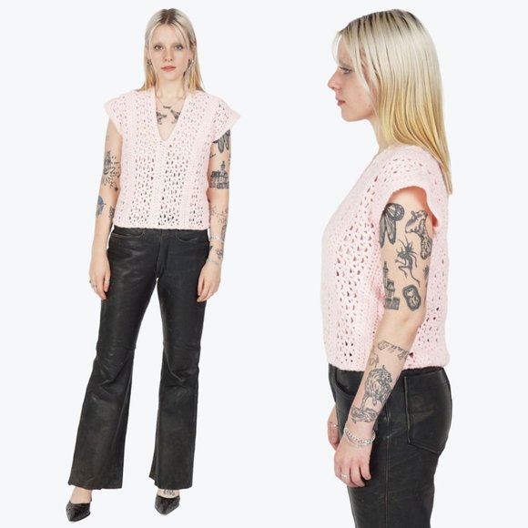 VINTAGE Pink Knitted Crochet V-Neck Vest - Picture 3 of 3